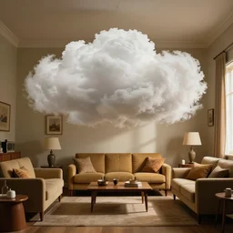 a cloud hovering in the middle of a retro 1970s living room