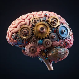 a digital brain with electronic devices in the shape of cogs, artistic, contrast, dramatic lighting, intricate details, vivid colors, unreal engine