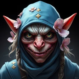 ugly portrait of a ninja goblin with flowers in her hair wearing makeup, blue, light pink, gold and red color scheme. highly detailed, artgerm, cushart krenz, artstation, soft light, sharp focus, illustration, character design, concept art