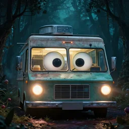 food truck with cartoon eyes, disney, eerie setting