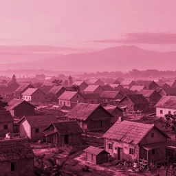 village, houses with faces, sunset atmosphere, pink, low contrast, light, naive, detailed, cinematic, drawing, game