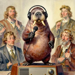 incredulous slippery face head whiskers tusks Portrait of Rush Limbaugh walrus politico standing atop a radio station whilst wearing headphones whilst brandishing a microphone greg rutkowski edgar degas ilya repin giorgio de chirico giotto leonardo da vinci paul cezanne edward hopper norman rockwell watercolor pastel oil