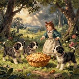 a Beatrix potter illustration of naughty puppies trying to steal a piping hot pie