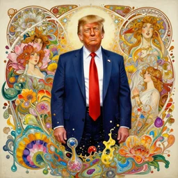 an intricate oil painting of a beautiful donald trump surounded by hyper detailed inkdrop in water, flowers, melting colorful wax, colorful flower petals, fluid acrylic art, colorful, excellent composition, wide shot, by yoshitaka amano, by greg rutkowski, by alphonse mucha by jeremy lipkinng, by rhads, by ross