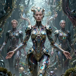 karol bak and tom bagshaw and lecouffe - deharme full body character portrait of the borg queen of sentient parasitic flowing ai, floating in a powerful zen state, supermodel, machinery enveloping nature in the background, beautiful and ominous, wearing combination of mecha and bodysuit made of wires and fractal ceramic, artstation scifi character render