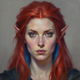 a detailed matte oil on canvas head on symmetrical portrait of a distinguished elven woman with red blue hair by charlie bowater, lise deharme, wlop, trending on artstationhd, dungeons and dragons art critical role