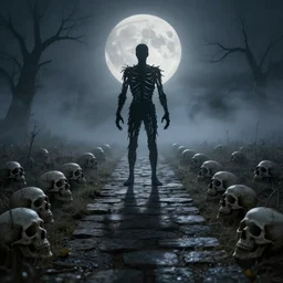 path made of skulls, fog, moonlight, scary humanoid standing in the middle