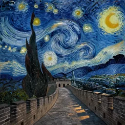 the Chinese Great Wall in a starry night, by Vincent Willem Van Gogh