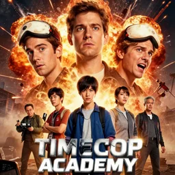 movie poster for timecop academy, airbrushed artwork, big heads, explosions, supporting characters, dramatic expressions