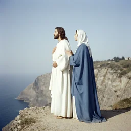 a unique old analog color photo of jesus and mary magdalene standing on a cliff looking over a beautiful landscape in france, rennes - le - chateau, award winning photo, very detailed, cinematic