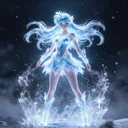 photorealistic full shot of masterpiece anime girl, posing, electric aura with particles, snowing frozen ice, darkness background, inspired by masami kurumada, akira toriyama, detailed, bokeh, unreal engine 4 k, volumetric light, fog