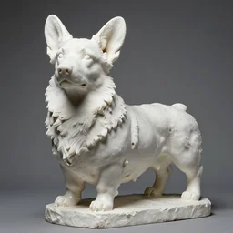white sculpture of standing corgi by Rodin