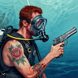 diver with oxygen mask wearing blood and having tattoo of rose and a pistol with sea and ocean in the background intricate details with horror side profile by Sandra Chevrier