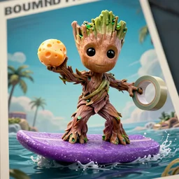 little Groot is riding a surfboard shapes like a bar of purple soap, ball of cheese in left hand, in the right hand a roll of electrical tape, cinematic angle, poster style