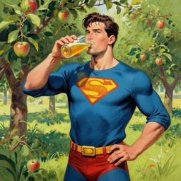 cider - man, the superhero who really likes apple juice, in an orchard. this gouache painting by the award - winning comic artist has dramatic lighting, an interesting color scheme and great sense of depth.