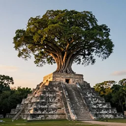 The Tree of Life atop a Mayan temple in the middle of the jungle, sunset in the background