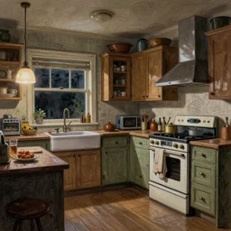 An of interior of a kitchen at night, rotoscoped, rotoscope, photoshop, photomanipulation, realism, painting, illustration and sketch, weird scribbles, hybrid styles, hybrid art styles, mismatched, trending on artstation, trending on deviantart, weird, quirky, interesting, very detailed, highly detailed, HD Quality, 4k resolution, 8k resolution, in the style of David Firth, in the style of James Lee, in the style of Drue Langlois,