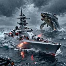 semi futuristic warship being attacked by a sea monster, chaotic sea setting, ocean, unreal engine, octane render, cinematic, epic, rainy stormy night, chaotic, 8k, ultra detailed, Artstation, Trending on Artstation, Artstation HQ, Artstation HD, deviant art, Pinterest, digital art, reflections,