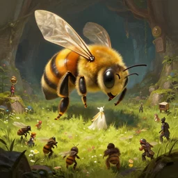 a giant bee in a large meadows cavern boss battle fantasy artwork epic detailed and intricate digital painting trending on artstation by wlop octane render