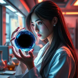 league of legends concept art beautiful young female scientist examining spherical black hole in her hand, long hair, futuristic laboratory background interior, table with laboratory equipment, art by charles liu, close - up profile shot, fantasy style, soft lighting, vibrant color scheme, female portrait, ultra detailed, volumetric lighting, octane render, commission art, 8 k wallpaper