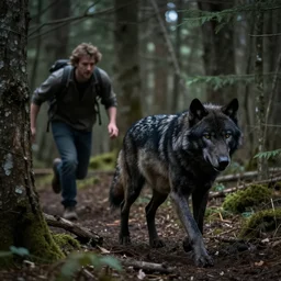 Black, big wolf, chasing a man in dark forest, realistic photo
