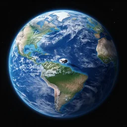 large planet with continents and oceans, tiny spaceship hovering above, surrounded by space and stars, ray tracing global illumination, render, very detailed