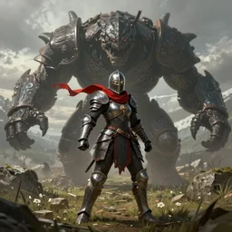 a matte painting of a helmeted female warrior wearing battle armor with a red scarf billowing behind her fighting a giant monster in the forest plains of north yorkshire, good value control, concept art, digital painting, sharp focus, fight scene, Anthem game, power armor, knight, dark souls, elden ring, battle angel, symmetrical, single character full body, 4k, illustration, glowing eyes, rule of thirds, centered