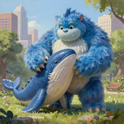 adorable anthropomorphic gigantic cerulean furry leviathan monster, playing with andre the giant, in a park surrounded by a city, rpg reference, oil painting, trending on artstation, octane render, insanely detailed, 8 k, hd
