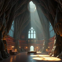 a wholesome animation key shot of vast library in a cavern with large windows flanked by stalagtites and stalagmites by studio ghibli, animation, sharp, rendered in unreal engine 5, focused, anime key art by greg rutkowski, bloom, dramatic lighting