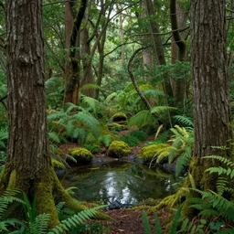 the wood between the worlds, narnia, a forest filled with pools of water, lush green forest, moss,