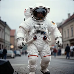 high angle, a 3 5 mm kodachrome photo of a enormous giant towering chubby american astronaut in spacesut with oversized helmet walking in legnica, movie still, bokeh, canon 5 0 mm, cinematic lighting, dramatic, film, photography, depth of field, award - winning, overcast, 8 k, 3 5 mm film grain