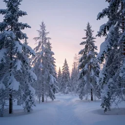 lapland snow covered trees volymetric light ethereal dusk by noah bradley and john howe