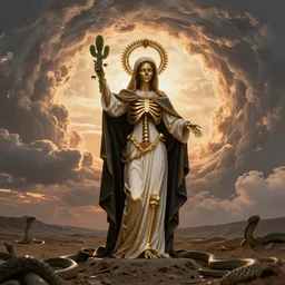 golden metalic skeleton female saint with warm backlight in a full body saint pose wearing white and black catholic virgin robe with cactus aureola on head, holding a rose. background: whirlpool of clouds forming a ring. sunset light. beneath, barren land with serpents. apocalyptic. low angle. rembrandt style