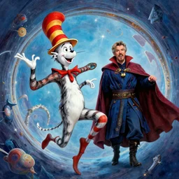 Dr seuss and dr strange, very pretty, photorealistic, portal hopping and time warping with reckless abandon, masterpiece digital painting by Thomas Kinkade and Greg Rutkowski, artstation, 4k wallpaper
