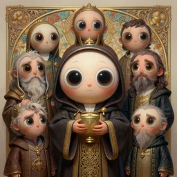 anthropomorphic highly detailed group portrait of funny neon giant cute eyes priest, intricate, elegant, highly detailed, digital painting, artstation, concept art, smooth, sharp focus, illustration, art by artgerm, bob eggleton, michael whelan, stephen hickman, richard corben, wayne barlowe, trending on artstation and greg rutkowski and alphonse mucha, 8 k