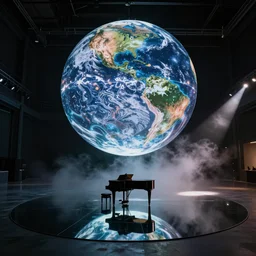 large scale art installation. big mirror floor reflect sphere and piano on center. generative space liquid planet visuals projected on single big suspended sphere inside giant and dark printworks venue. live music piano concert. stage design. fog, hazer and light in dark
