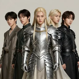 korean pop boy band as lord of the rings characters, realistic, digital art, artstation, intricate armor, elegant