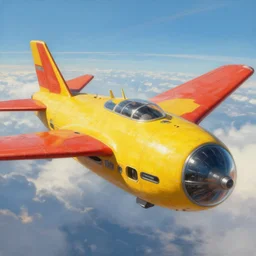a painting of a futuristic yellow submarine plane flying through the sky, red wings, concept art by Ian McQue, cgsociety, highly detailed, artstation, concept art, sci-fi