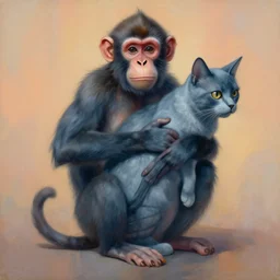 painting of hybrid monkey!!! and ( ( ( ( cat ) ) ) ) fused together, intercrossed animal, by zdzislaw beksinski, by lewis jones, by mattias adolfsson, cold hue's, warm tone gradient background, concept art, digital painting