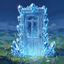 an door to another dimension made of blue crystals, surround by a field, a fantasy digital painting by makoto shinkai and james gurney, trending on artstation, highly detailed