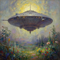 elven spaceship looming above garden. gouache fairytale art, russian romanticism, muted palette, psychedelic art, backlighting