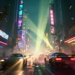 a 3 d rendered in unreal engine hyrule land cyberpunk city with neon ads and signs with evocative dramatic mood with blade runner vibe with cars with motion blur with depth of field with bloom with lightshaft with volumetric lights, fog, by scott robertson, oscar winning graphics, photo realistic, bloom, imax, dynamic lighting, artstation,