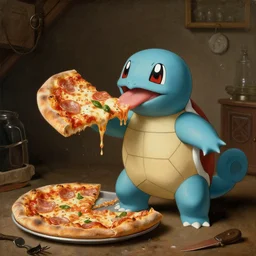 Pizza being licked by a squirtle in a basement, Neoclassical painting