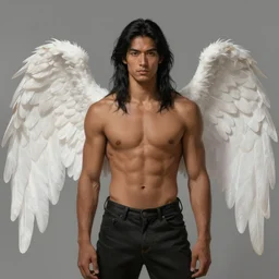 character concept portrait of a handsome male angel with brown skin and long black hair, and large white wings. Modern clothes. Digital painting, concept art, smooth, sharp focus, illustration, by Ruan Jia and Mandy Jurgens and Artgerm and William-Adolphe Bouguereau