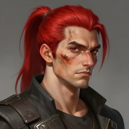 portrait, 30 years old man :: red hair ponytail :: burned face :: high detail, digital art, RPG, concept art, illustration