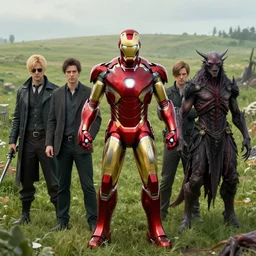 portrait of marvels ironman ( ( ( ( ( ( ( ( at court ) ) ) ) ) ) ) ) by hr giger, greg rutkowski, luis royo and wayne barlowe as a diablo, resident evil, dark souls, bloodborne monster, elden ring creature : : in a garden, grassy field, large field in the background
