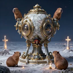 beautiful digital fantasy illustration of a Birth Machine, Descend into The Graveyard, Capybara pirate, keeping vigil over the salt flats, lights in the night, highly detailed, soft lighting, rendered in octane, masterpiece, very very very aesthetic, exquisite marble details!!!
