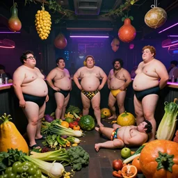 a photo of a very weird nightclub. fat men in swimsuits and giant fruit and vegetables all over the floor.