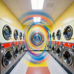 inside a laundromat, spinning deformed fractals of washing machines, vibrant colors by Jeffrey Smith, Mike Windelmann and Chad Knight