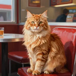 painting of a Longhair orange cat sitting at a diner.